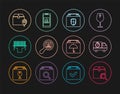 Set line Search package, Delivery truck and stopwatch, box security shield, Scanner scanning bar code, Location with
