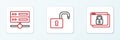 Set line Secure your site with HTTPS, SSL, Server, Data, Web Hosting and Open padlock icon. Vector Royalty Free Stock Photo
