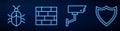 Set line Security camera, System bug concept, Bricks and Shield. Glowing neon icon on brick wall. Vector Royalty Free Stock Photo