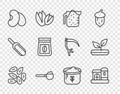 Set line Seed, Farm house, Measuring cup, with flour, Beans, Bag of coffee beans, and Sprout icon. Vector