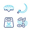 Set line Seed, Pack full of seeds of plant, Sickle and Bread loaf icon. Vector