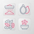 Set line Seeds in bowl, Pumpkin seeds and Sifting flour icon. Vector