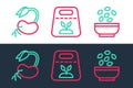 Set line Seeds in bowl, Sprout and Pack full of seeds of plant icon. Vector