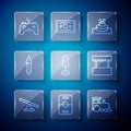 Set line Seesaw, Hockey table, Toy train, Fountain, Tree, Firework rocket, Gamepad and Ticket box office icon. Vector