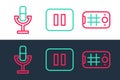 Set line Selfie on mobile, Microphone and Pause button icon. Vector Royalty Free Stock Photo