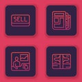 Set line Sell button, Trading courses, Stock market news and Stacks paper money cash. Blue square button. Vector