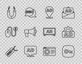 Set line SEO optimization, Key, Advertising, Magnet, Megaphone, Browser setting and icon. Vector Royalty Free Stock Photo