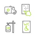 Set line Separated toilet for disabled, IV bag, Braille and Emergency car icon. Vector