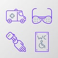 Set line Separated toilet for disabled, Prosthesis hand, Blind glasses and Emergency car icon. Vector