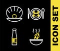 Set line Served crab on a plate, Soup with octopus, Sauce bottle and Shell pearl icon. Vector