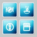 Set line Served cucumber on a plate, Soup with octopus, Octopus and Canned fish icon. Vector