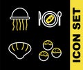 Set line Served cucumber on a plate, Takoyaki, Scallop sea shell and Jellyfish icon. Vector