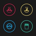 Set line Served fish on a plate, Fishing bucket with fishes, Soup octopus and Puffer soup icon. Vector