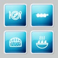 Set line Served fish on a plate, Grilled steak, Sushi and Soup with shrimps icon. Vector