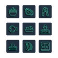 Set line Served fish on a plate, Mussel, Sushi cutting board, Fish steak, Fishing boat, Caviar and Fisherman icon