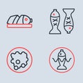 Set line Served fish on a plate, Rice in bowl, and Fish with sliced pieces icon. Vector