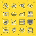 Set line Server, Binary code, Data analysis, Search data, Network cloud connection, Browser with exclamation mark, Pie Royalty Free Stock Photo