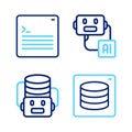 Set line Server, Data, Artificial intelligence robot, and Web developer programming code icon. Vector Royalty Free Stock Photo