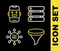 Set line Server, Data, Funnel or filter, Neural network and Chat bot icon. Vector Royalty Free Stock Photo