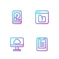 Set line Server, Data report, Cloud technology data transfer, Hard disk drive HDD and File missing. Gradient color icons Royalty Free Stock Photo