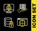 Set line Server, Data, Web Hosting, Browser with shield, security lock and Monitor exclamation mark icon. Vector Royalty Free Stock Photo