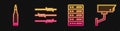 Set line Server, Data, Web Hosting, Bullet, Barbed wire and Security camera. Glowing neon icon. Vector Royalty Free Stock Photo