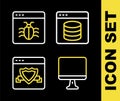 Set line Server, Data, Web Hosting, Computer monitor screen, Browser with shield and System bug icon. Vector Royalty Free Stock Photo