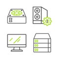 Set line Server, Data, Web Hosting, Computer monitor screen, Case of computer and cooler icon. Vector Royalty Free Stock Photo