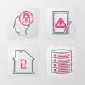 Set line Server, Data, Web Hosting, House under protection, Tablet with exclamation mark and Human head lock icon Royalty Free Stock Photo