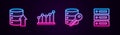 Set line Server, Data, Web Hosting, Pie chart infographic, security with key and . Glowing neon icon. Vector