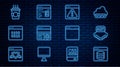 Set line Server, Data, Web Hosting, Processor, Browser with exclamation mark, Debugging, Binary code, Coffee cup to go