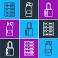 Set line Server, Data, Web Hosting, Safe combination lock and Fire extinguisher icon. Vector Royalty Free Stock Photo