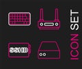 Set line Server, Data, Web Hosting, SSHD card, Router and wi-fi signal and Keyboard icon. Vector Royalty Free Stock Photo