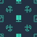 Set line Server, Data, Web Hosting, Two crossed hammers and Open new window on seamless pattern. Vector Royalty Free Stock Photo