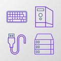 Set line Server, Data, Web Hosting, USB cable cord, Case of computer and Keyboard icon. Vector Royalty Free Stock Photo
