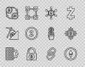 Set line Server and gear, Cryptocurrency coin Ethereum ETH, Blockchain technology, Lock with bitcoin, exchange, Zcash