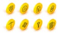 Set line Server and gear, Cryptocurrency key, CPU mining farm, Pickaxe, Chain link, Lock with bitcoin, Ripple XRP and