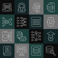 Set line Server, Graduation cap, Chat bot, Humanoid robot, Neural network, and Binary code icon. Vector Royalty Free Stock Photo