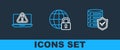 Set line Server with shield, Laptop exclamation mark and Global lockdown icon. Vector