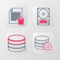 Set line Setting database server, Database, Hard disk drive HDD and Delete file document icon. Vector Royalty Free Stock Photo