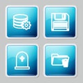 Set line Setting database server, Floppy disk, Tombstone with cross and Delete folder icon. Vector Royalty Free Stock Photo