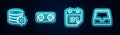 Set line Setting database server, Stereo speaker, Calendar and Social media inbox. Glowing neon icon. Vector Royalty Free Stock Photo