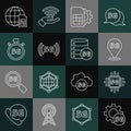 Set line Setting 5G network, Processor, Location, Sim card setting, Digital speed meter, Globe Card and Server icon Royalty Free Stock Photo