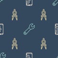 Set line Setting on smartphone, Drawing compass and Wrench spanner on seamless pattern. Vector