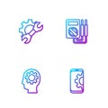 Set line Setting on smartphone, Human head with gear inside, Wrench spanner and and Multimeter. Gradient color icons