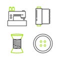 Set line Sewing button for clothes, thread spool, Textile fabric roll and machine icon. Vector Royalty Free Stock Photo