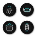 Set line Sewing thread on spool, Cooking pot, Portable video game console and Badminton shuttlecock icon. Vector Royalty Free Stock Photo