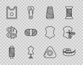 Set line Sewing thread on spool, Tape measure, Mannequin, Pattern, chalk and Scissors and leather icon. Vector