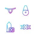 Set line Sex shop, Condom, Woman panties and Dildo vibrator. Gradient color icons. Vector