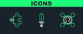 Set line Share, Piece of puzzle and Sword for game icon. Vector Royalty Free Stock Photo